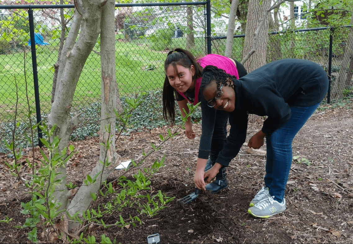 2 girls mulching trees