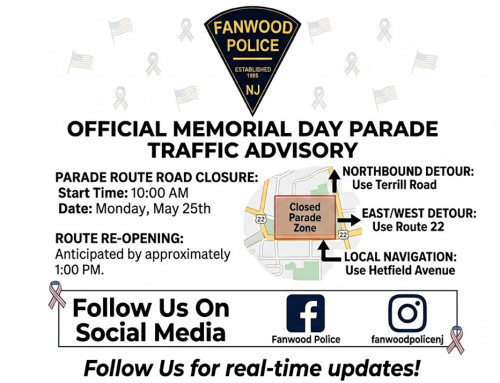 Fanwood Police Dept. Traffic Advisory: Memorial Day Parade Road Closures